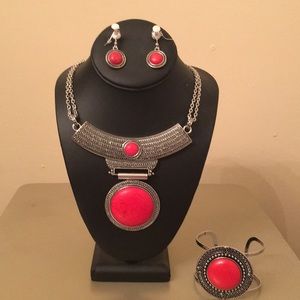 Red & Silver Necklace Set with Matching Bracelet